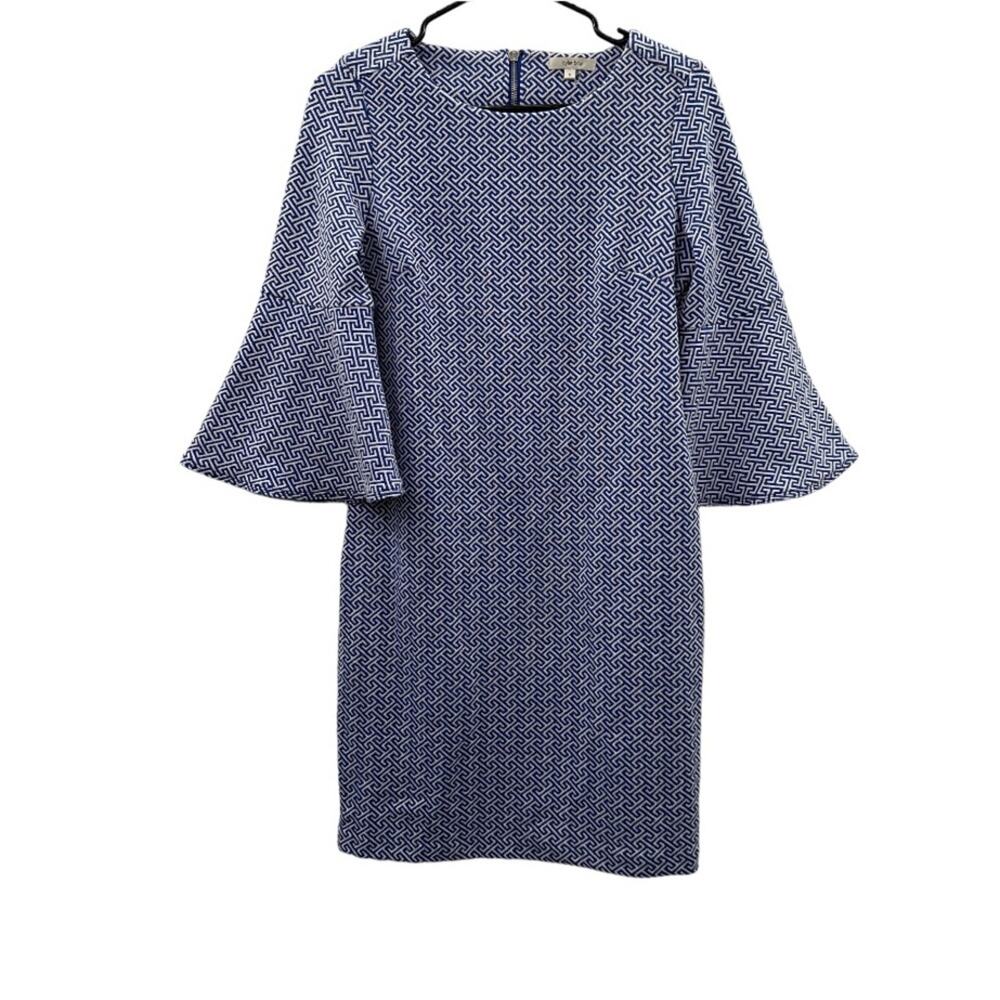 Tyler Boe Royal Blue & White Grecian Geometric Bell Sleeve Sheath‎ Dress Size S